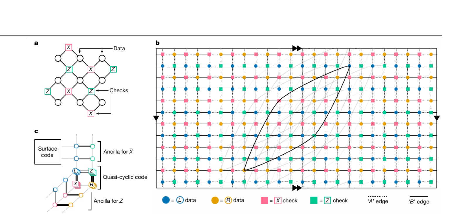 Diagram comparing a surface-code Tanner graph with a bivariate bicycle code Tanner graph, showing data qubits, X checks, Z checks, A edges, B edges and an extension that connects to a surface code.